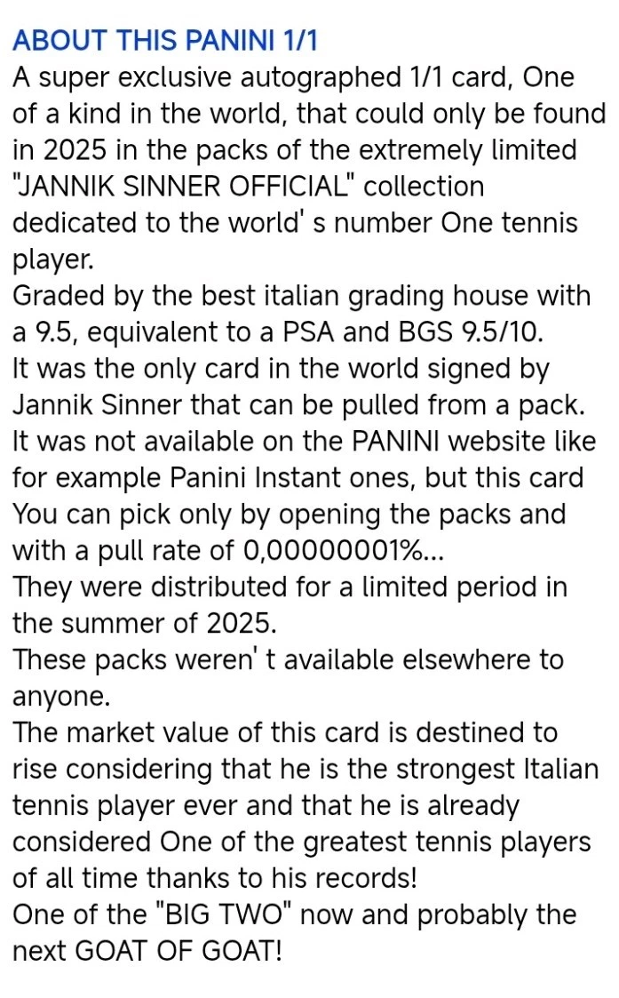 2025 Panini Jannik Sinner Official 1/1 Autograph Card – GRAAD 9.5 One of One - Image 10